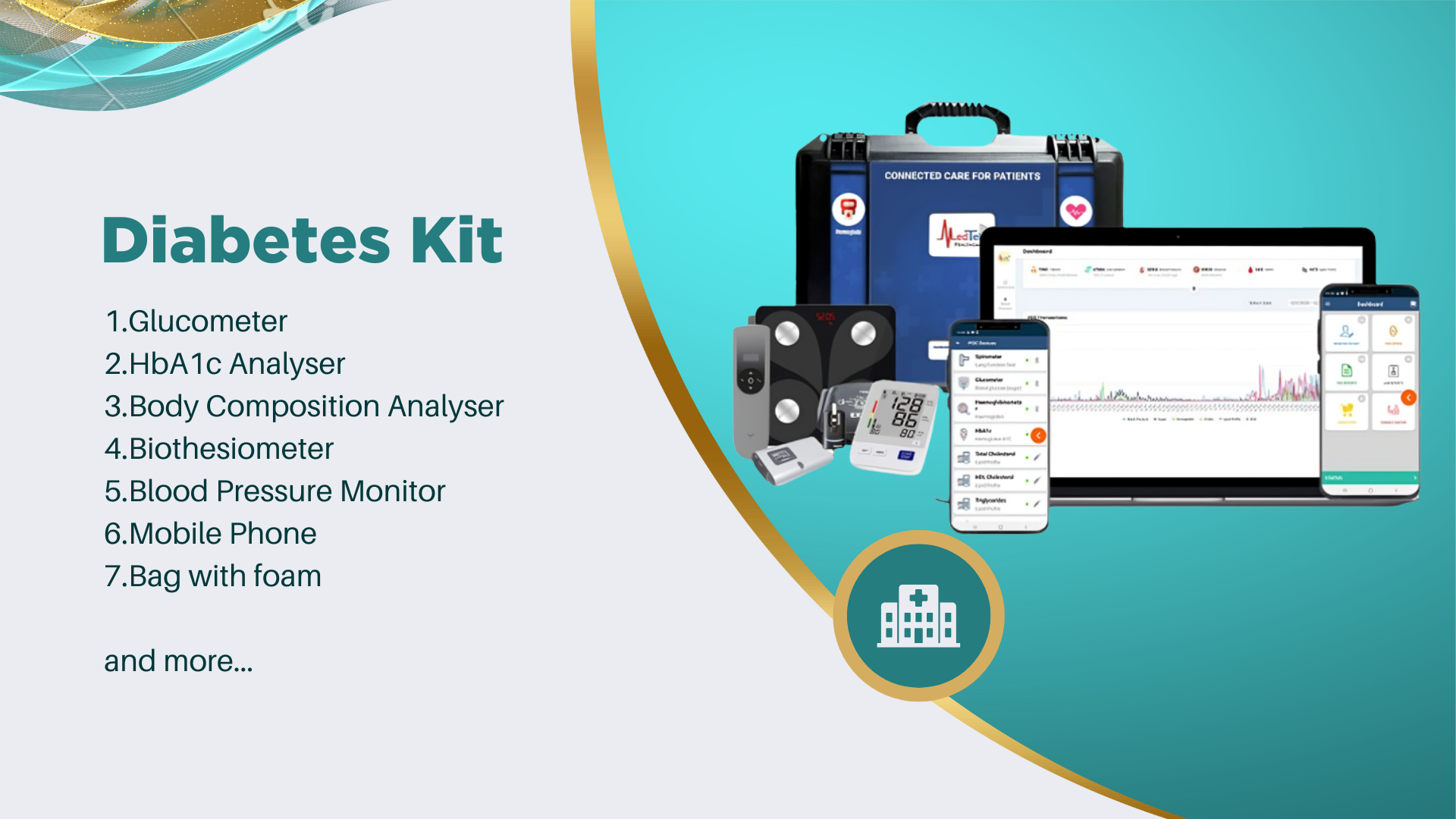 1.blood pressure monitor 2.glucometer 3.hemoglobinometer 4.pulse oximeter 5.fetal heart monitor 6.body composition analyser 7.mobile phone 8.bag with foam and more… (3)